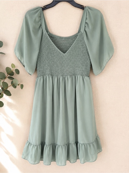 SHEIN Dresses & Skirts - SHEIN Sage Green Smocked Dress with Puff Sleeves